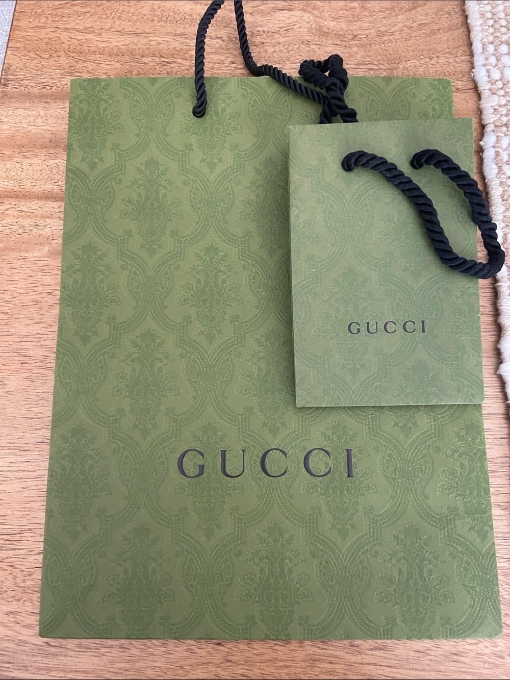 Gucci Olive Green Damask Paper Shopping Bags with Black Rope Handles